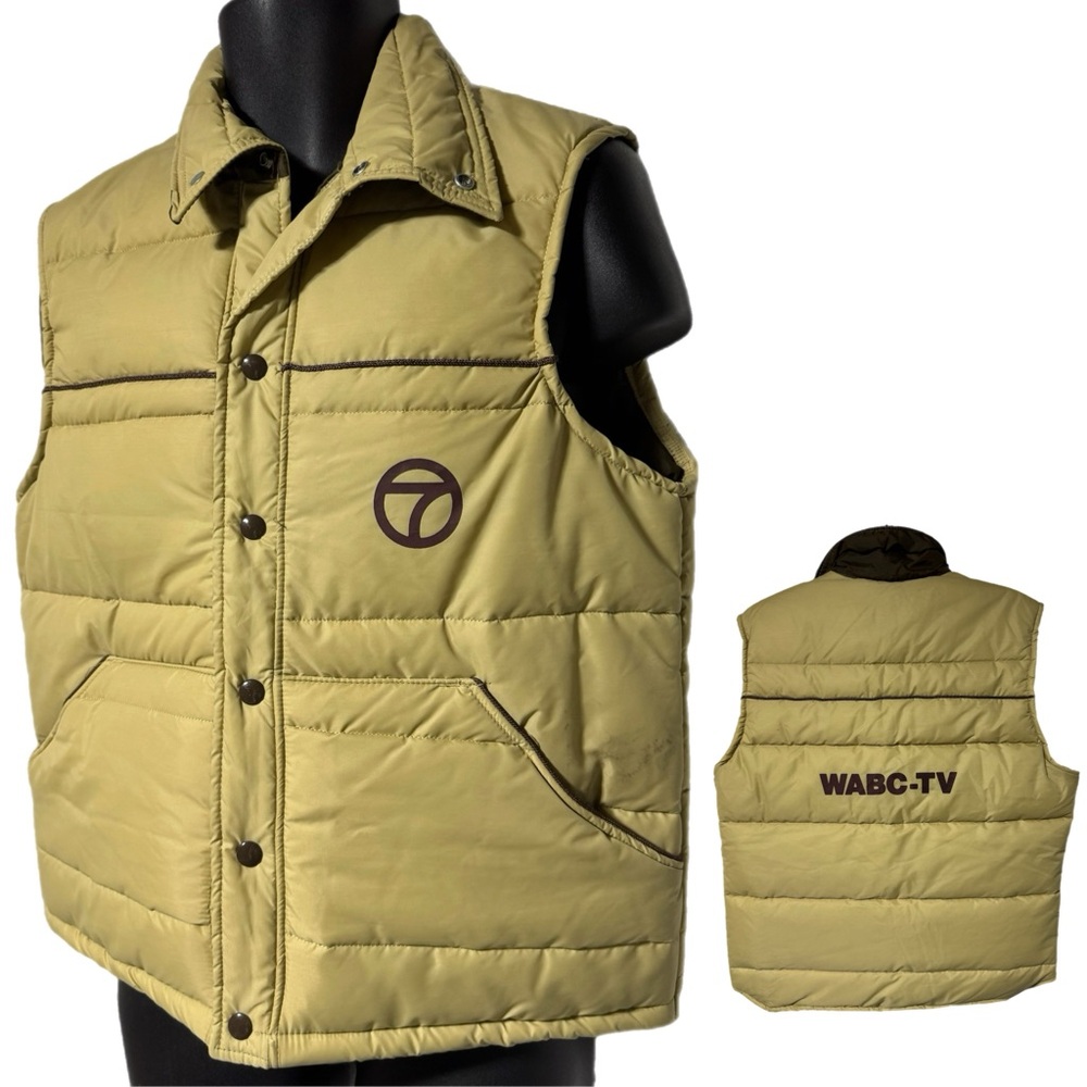 Vintage Channel 7 WABC-TV New York News Tan Brown Quilted Puffer Vest M Promo
